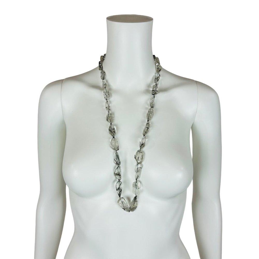 Vintage Clear Long Beaded Necklace Black Lines Chunky AS IS